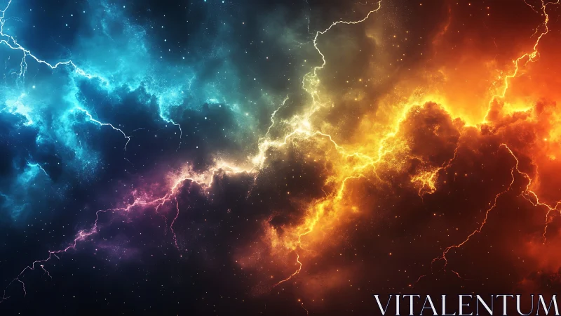 Celestial stormline dividing blue nebula and burning flare.