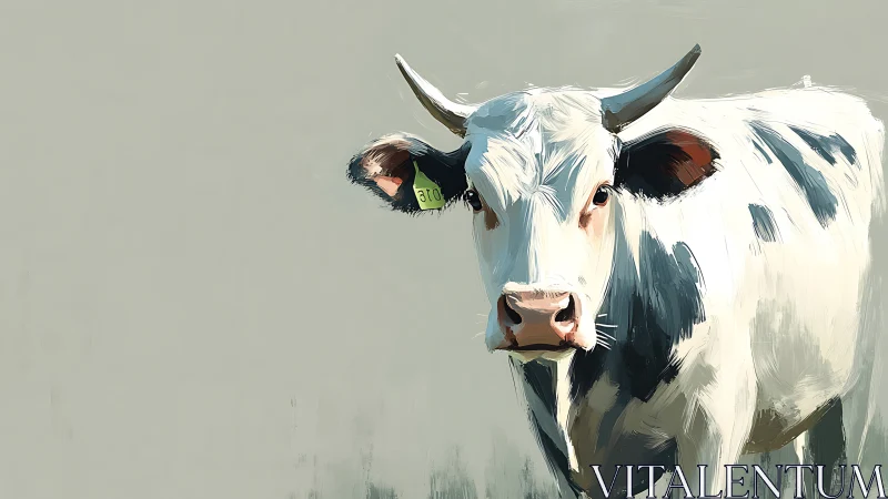 Horned black and white cow stands facing viewer on plain ground