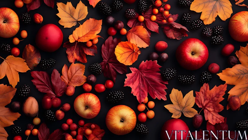 Autumn apples and berries arranged with vivid maple leaves