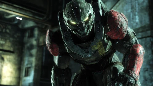 Armored cybernetic soldier crouching in metallic hangar.