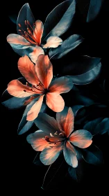 Botanical flowers with coral-teal petal arrangement on black background.