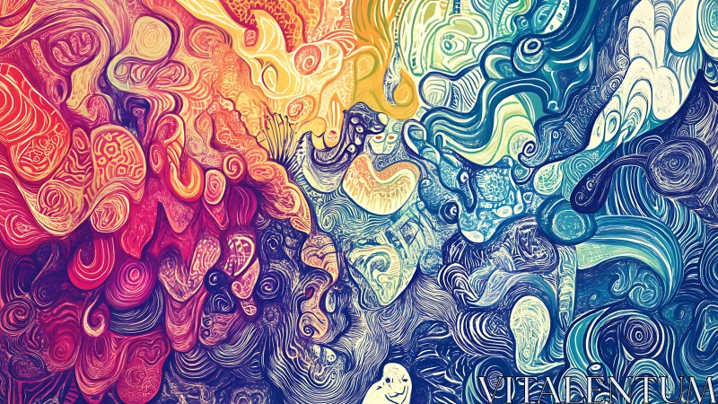 Vibrant swirling abstract art with red, yellow and blue waves