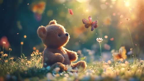 Teddy bear watches glowing butterflies in dreamy meadow light.