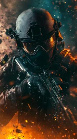 Armored tactical figure holds rifle amid explosive debris