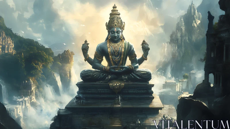 Divine mountain deity statue amid misty temple ruins.