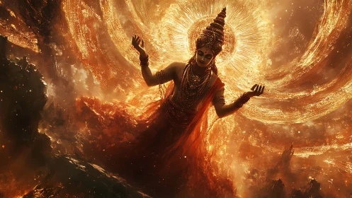 Cosmic deity suspended in incandescent stellar vortex field.