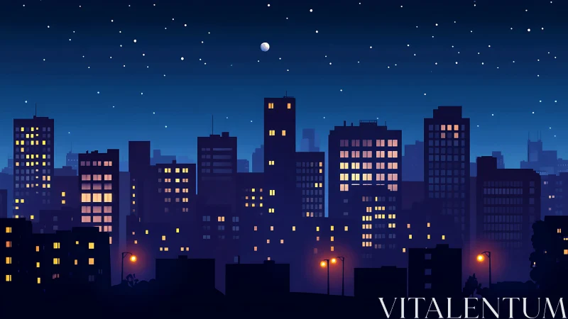 Calm blue night skyline glowing with cozy city lights.