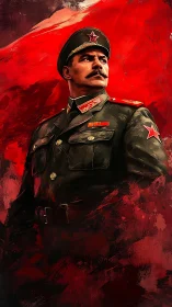 Digital painting of Soviet officer amid abstract crimson field.