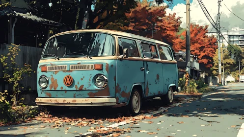 Weathered blue VW microbus parked on leaf-strewn autumn street