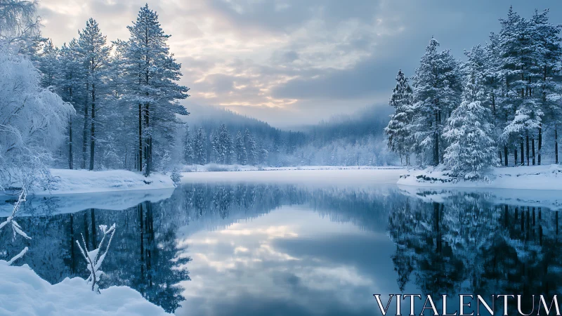 Snow-laden forest mirrored on a tranquil winter lake at dusk.