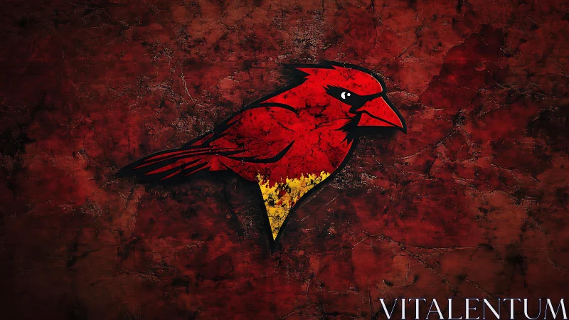 Red cardinal graphic on textured dark red grunge background.