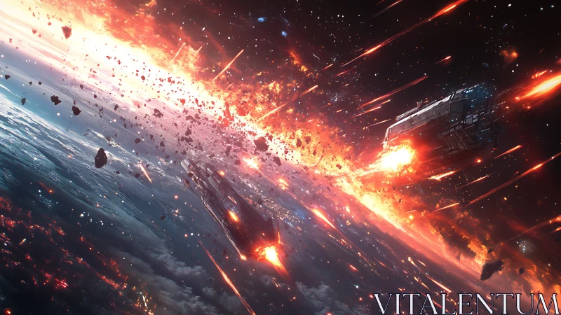Orbital warship collision in high-velocity debris plume.