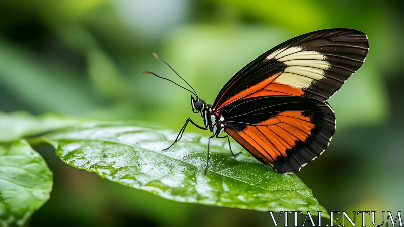 Butterfly with black, orange and cream wings on leaf.