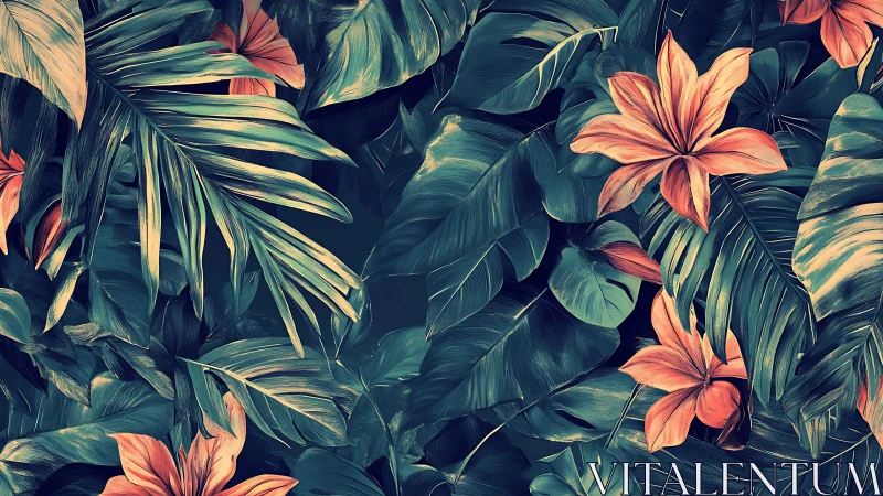 Tropical foliage illustration with coral lilies and teal leaves.