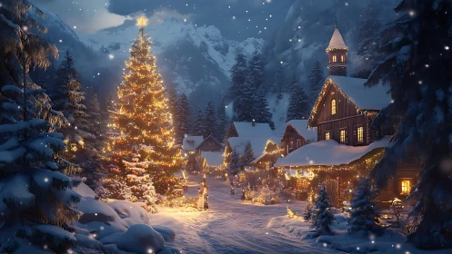 Starlit village gathers quietly beneath a glittering Christmas tree