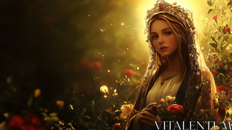 Sunlit maiden stands in a rose garden crowned with gold.
