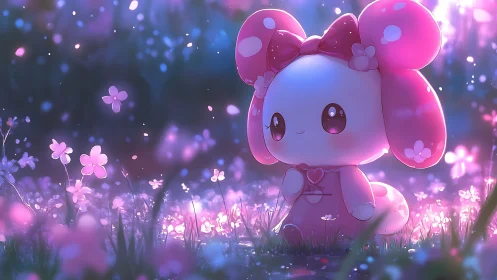 Pink cartoon rabbit figure in glowing flower meadow at dusk.