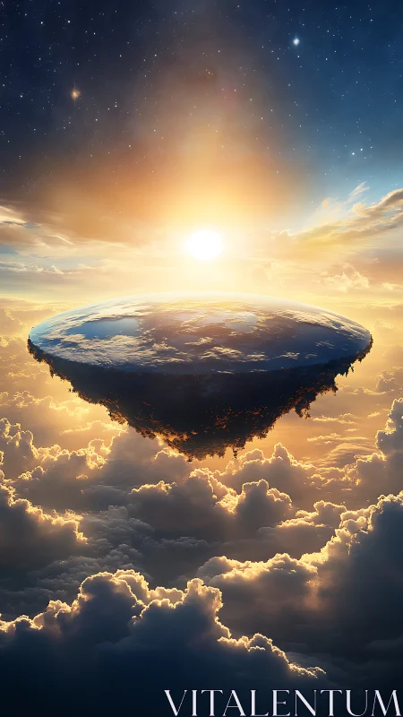Floating flat world disk hovers above glowing cloud horizon