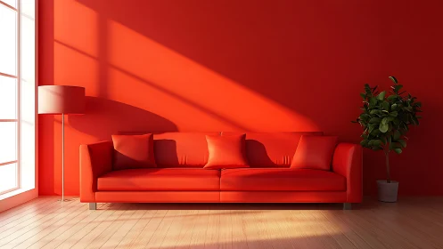 Red minimalist sofa interior with bold sunlight shadows.