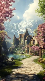 Stone village with river set below snow covered mountain range