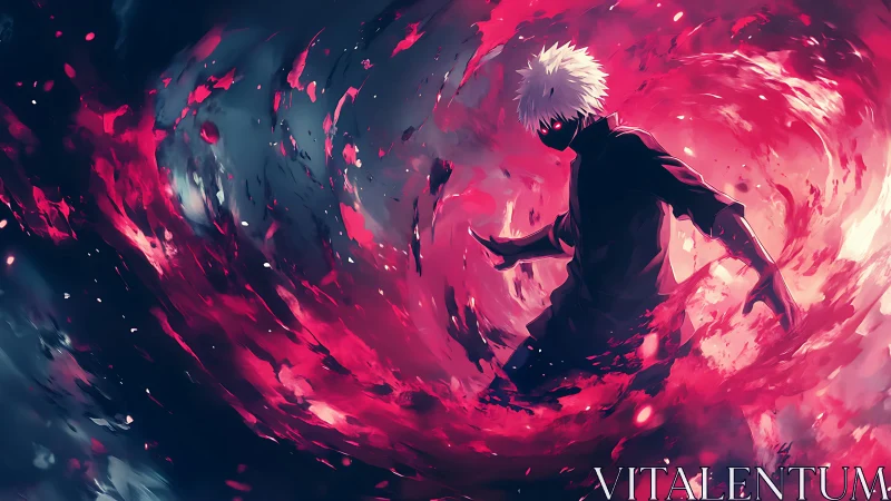 White haired warrior within a crimson energy vortex.