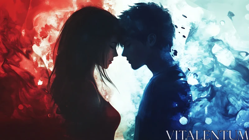 Red and Blue Silhouettes Converging in Abstract Light.