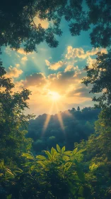 Sunrise pours through emerald forest into misty valley.