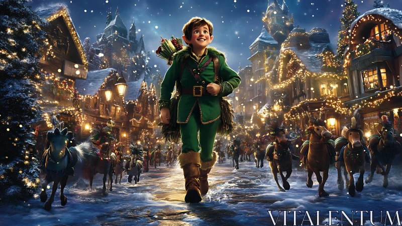 Joyful Christmas elf strolling through a glowing winter town.