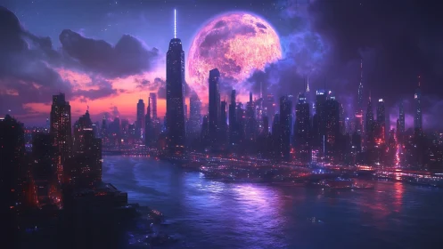 Cyberpunk megacity skyline under luminous planetary moonscape.
