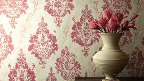 Cream ceramic vase holds pink flowers before damask wall