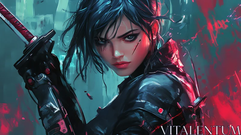 Cyberpunk warrior woman with katana in neon colors.