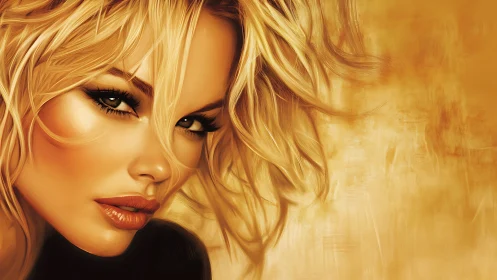Golden-toned digital portrait with windswept blonde hair.