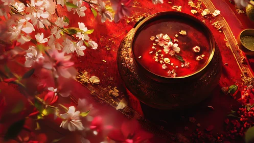 Brass bowl with red liquid and floating blossoms on fabric.