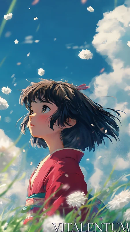 Anime portrait of girl in red kimono under drifting blossoms.