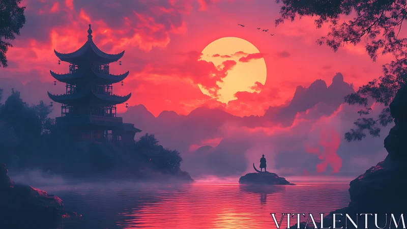 Crimson sun over misty pagoda and solitary lakeside figure.
