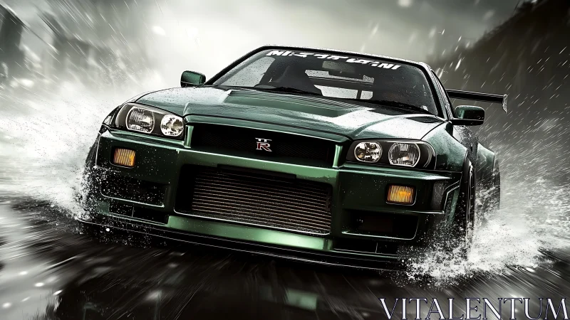 Dynamic drift study of green performance car in rainstorm.