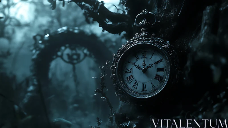 Moonlit pocketwatch tangled in a haunted forest hush.