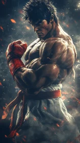 Hyperreal martial artist under dynamic volumetric embers.