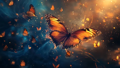 Radiant monarch butterfly ascends through glowing cosmic dust