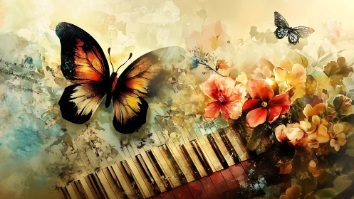 Butterfly sonata over blooming piano keys in flight.