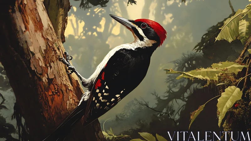 Realistic woodpecker with red crest on tree in dense forest scene.