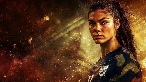 Focused female footballer stands in fiery cosmic light.