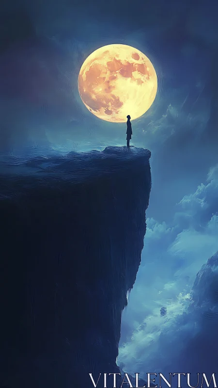 Lone figure on moonlit cliff edge under glowing full moon.