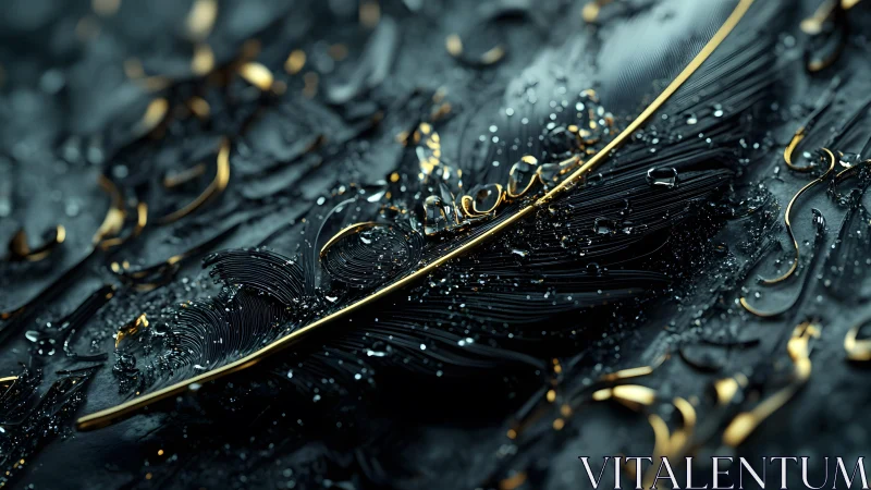 Elegant Black Feather with Gold Details in Luxurious Macro Art.