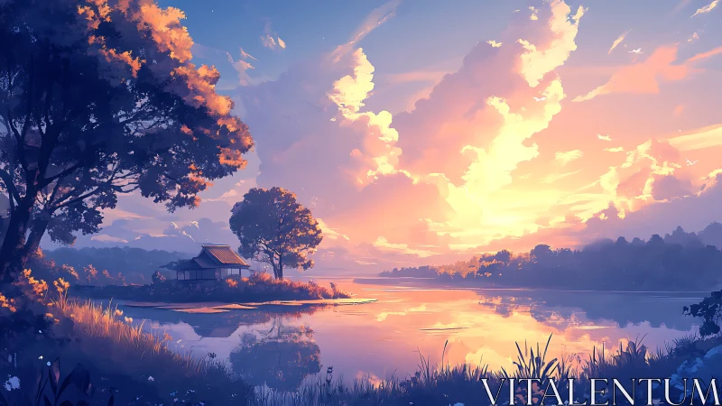 Lakeside house under dense clouds at low sun over water.