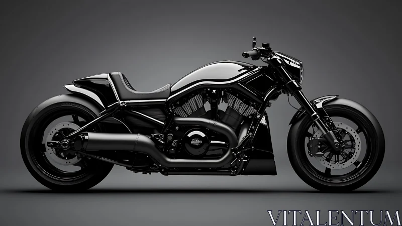 Black custom power cruiser motorcycle in studio side profile.