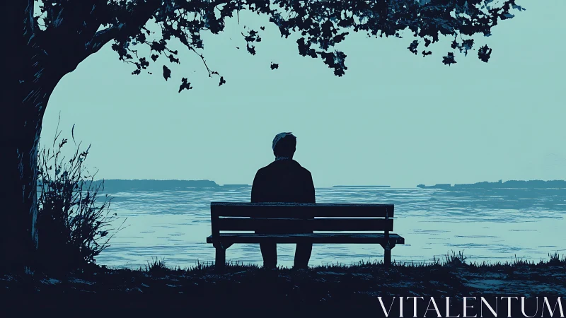 Solitary figure on lakeside bench under broad tree canopy.
