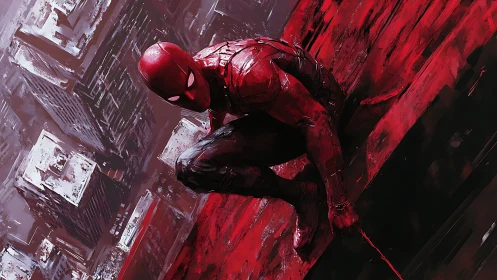 Masked red-suited figure crouches against stylized cityscape