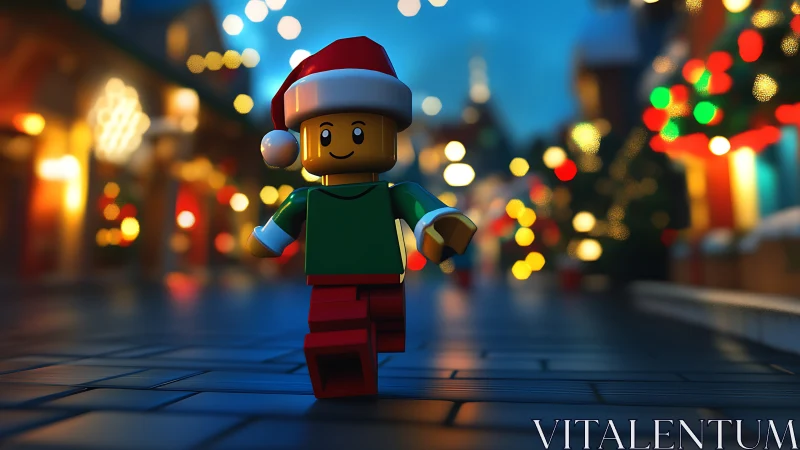 Festive toy figure jogs through glowing Christmas street