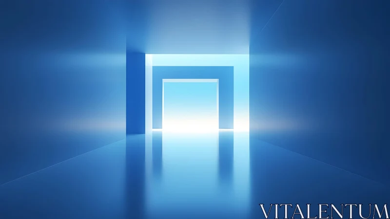Minimalist blue corridor with glowing geometric doorway, modern style.